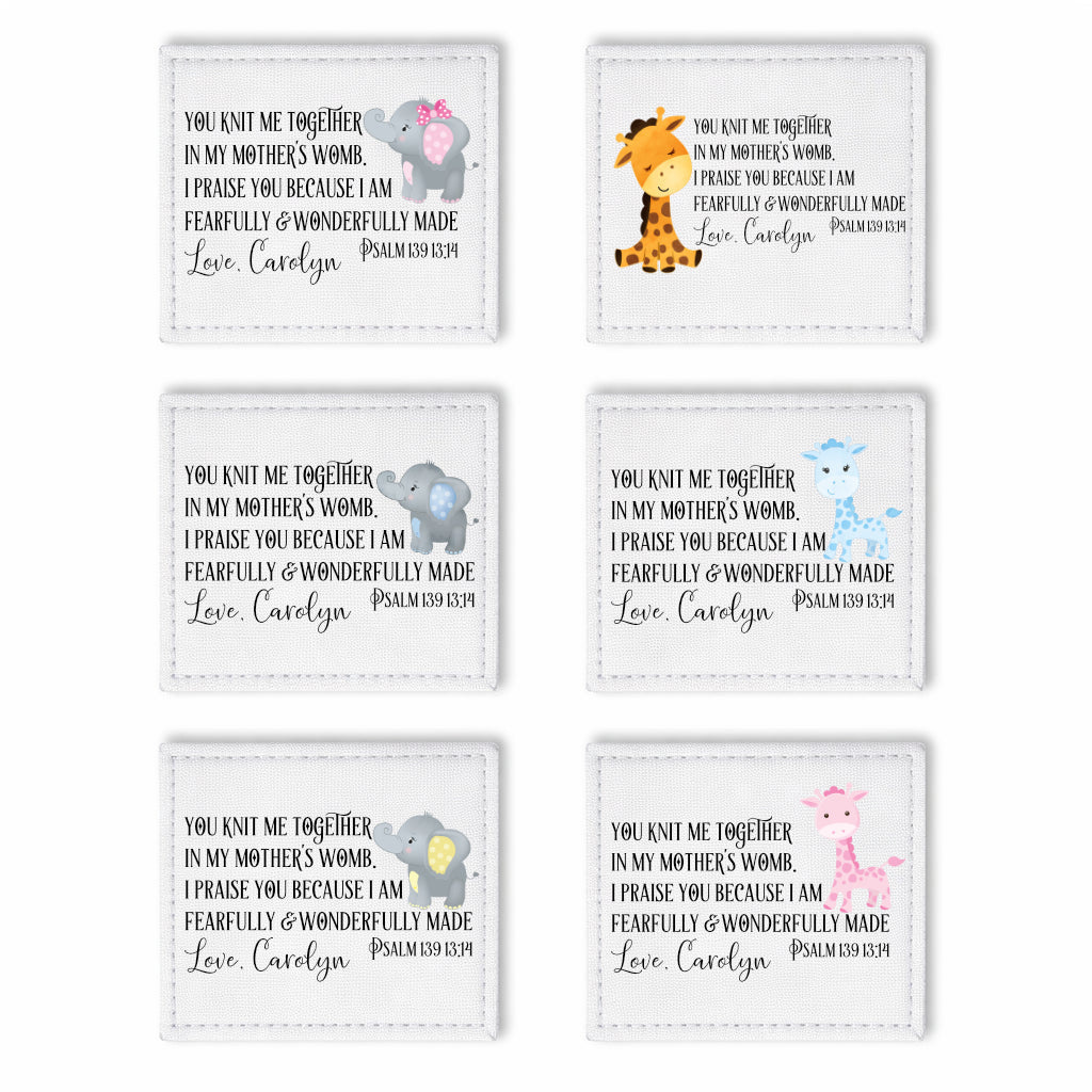 Personalized Baby Quilt Labels Set – Giraffe & Elephant Fabric Tags with Psalm 139 | Custom Sew - On Quilt Labels for Baby Gifts - Jammin Threads