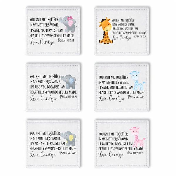 Personalized Baby Quilt Labels Set – Giraffe & Elephant Fabric Tags with Psalm 139 | Custom Sew - On Quilt Labels for Baby Gifts - Jammin Threads