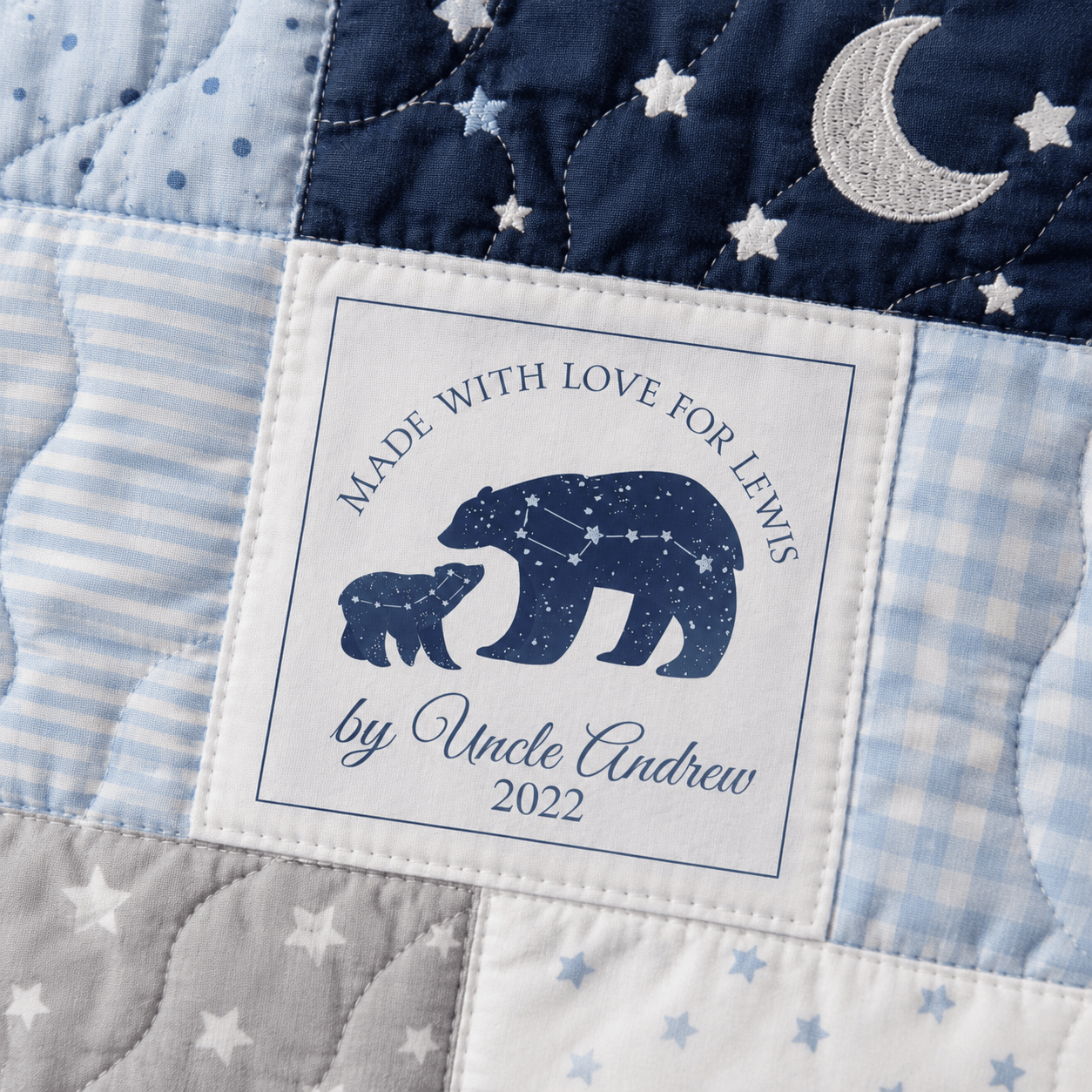 Personalized Bear Constellation Quilt Label, Custom Baby Bear Quilt Tag, Made With Love Cotton Quilt Label, Handmade Baby Quilt Label - Jammin Threads