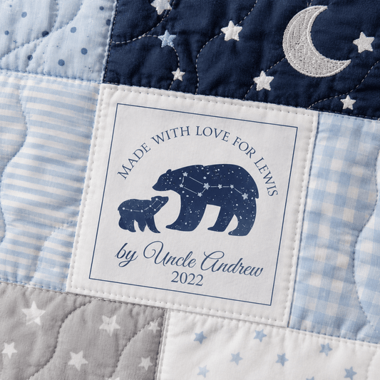 Personalized Bear Constellation Quilt Label, Custom Baby Bear Quilt Tag, Made With Love Cotton Quilt Label, Handmade Baby Quilt Label - Jammin Threads