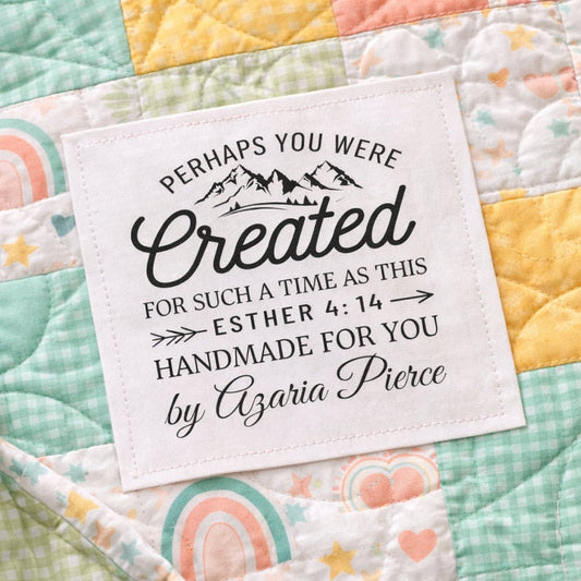 Personalized Bible Verse Quilt Label – Esther 4:14 “Created for Such a Time as This” – Christian Quilt Label – 6 per Sheet – 2.5" x 2.5" - Jammin Threads