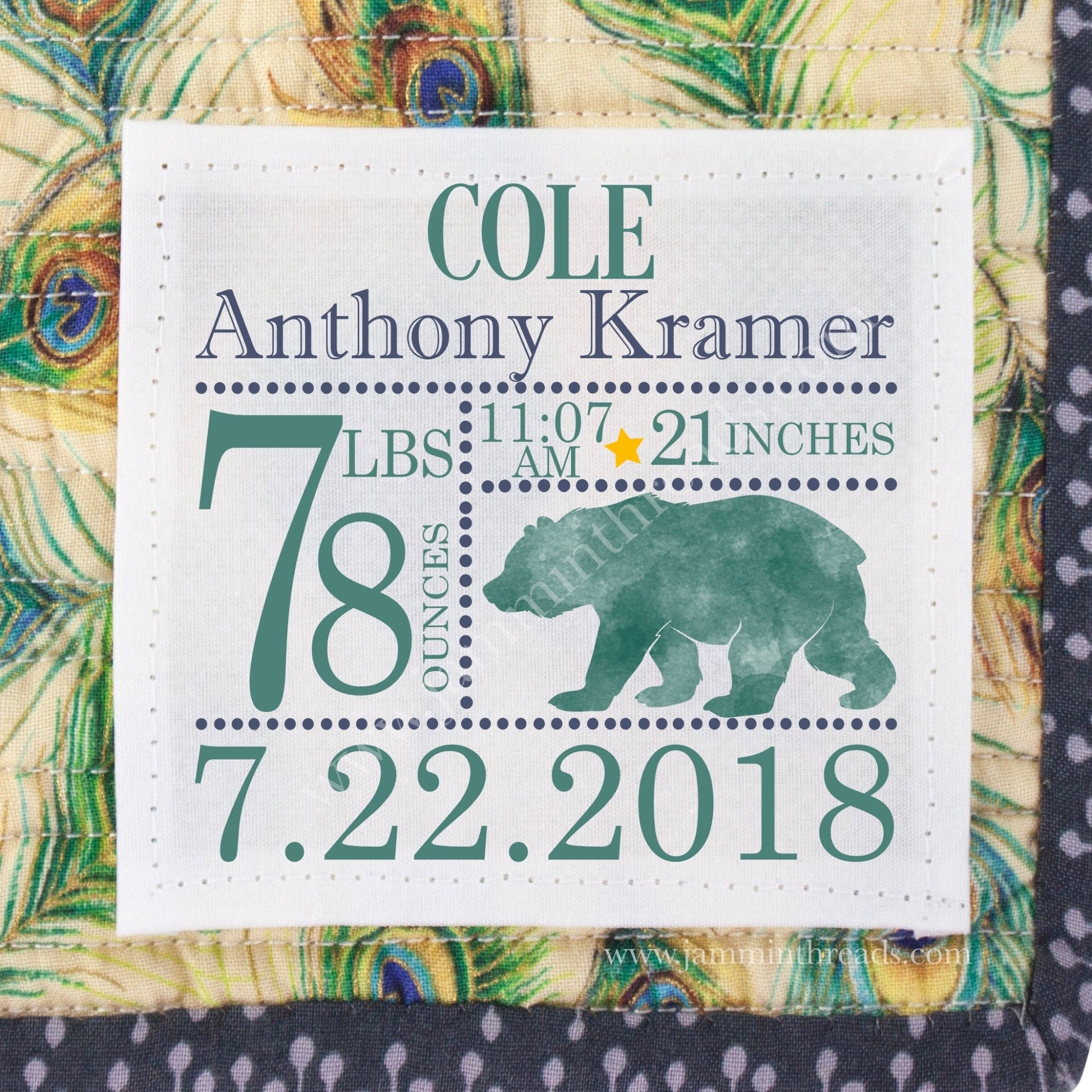Personalized Birth Announcement Quilt Label with Woodland Bear – Custom Baby Stats Label – 5” x 5” Cotton or Polyester - Jammin Threads