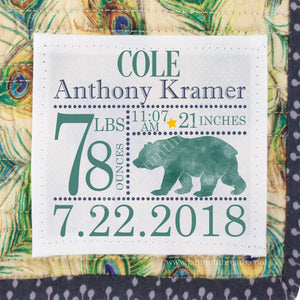 Personalized Birth Announcement Quilt Label with Woodland Bear – Custom Baby Stats Label – 5” x 5” Cotton or Polyester - Jammin Threads