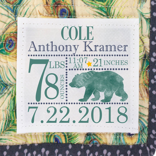 Personalized Birth Announcement Quilt Label with Woodland Bear – Custom Baby Stats Label – 5” x 5” Cotton or Polyester - Jammin Threads