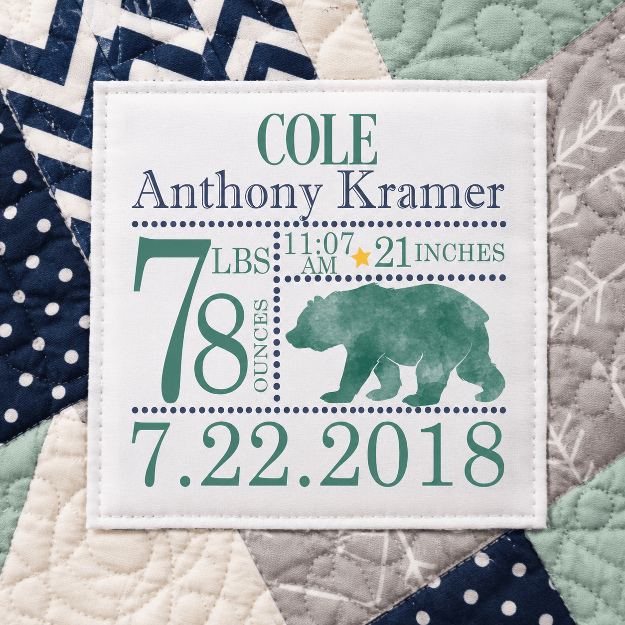 Personalized Birth Announcement Quilt Label with Woodland Bear – Custom Baby Stats Label – 5” x 5” Cotton or Polyester - Jammin Threads