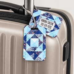 Personalized Blue Quilt Luggage Tag | Custom Aluminum Travel Bag Tag with Cable Loop - Jammin Threads