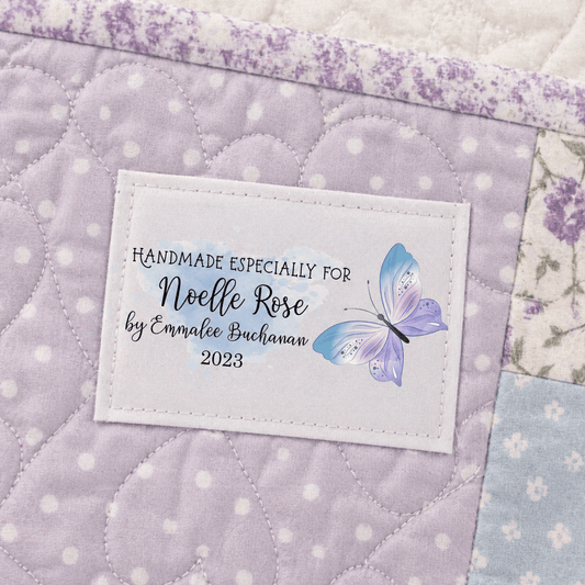 Personalized Butterfly Quilt Label – Watercolor Butterfly Design | Custom Name, Maker & Date | 3” x 1.5” Quilt Tag - Jammin Threads
