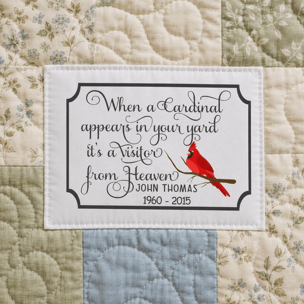 Personalized Cardinal Memorial Quilt Label – Visitor From Heaven Remembrance Label - Jammin Threads