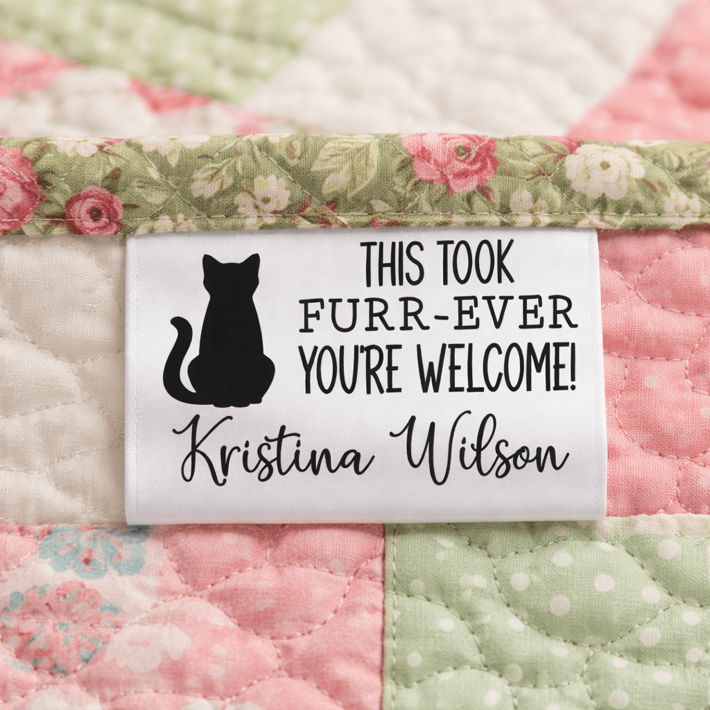 Personalized Cat Quilt Labels – “This Took Furr - Ever” Funny Cat Satin Tags – Custom Pet Name Labels – Set of 25 - Jammin Threads