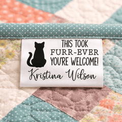 Personalized Cat Quilt Labels – “This Took Furr - Ever” Funny Cat Satin Tags – Custom Pet Name Labels – Set of 25 - Jammin Threads