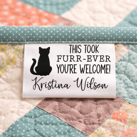 Personalized Cat Quilt Labels – “This Took Furr - Ever” Funny Cat Satin Tags – Custom Pet Name Labels – Set of 25 - Jammin Threads