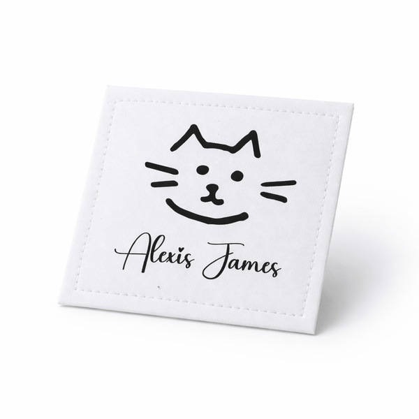 Personalized Cat Quilt Labels with Name – Cute Kitty Face Sewing Labels – Custom Quilt Tag 1.5" Square (12 per Sheet) - Jammin Threads