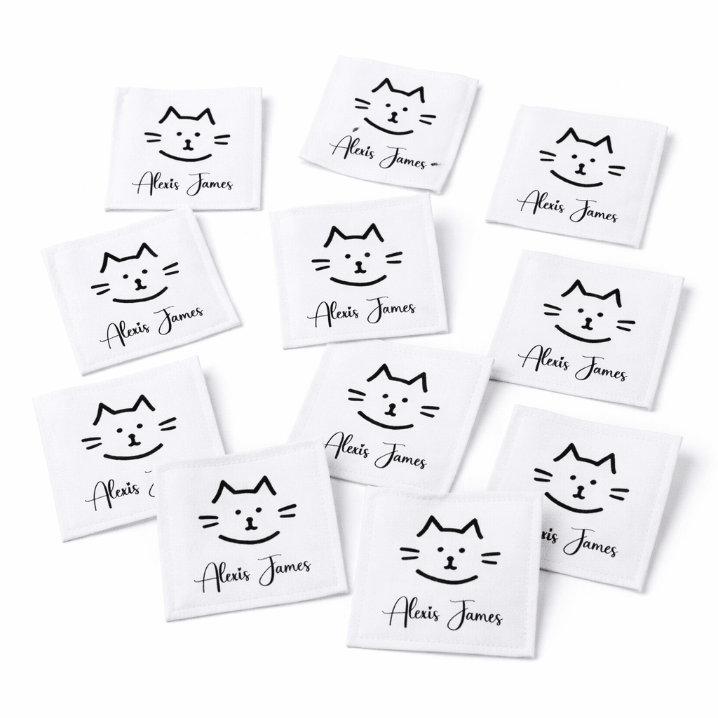 Personalized Cat Quilt Labels with Name – Cute Kitty Face Sewing Labels – Custom Quilt Tag 1.5" Square (12 per Sheet) - Jammin Threads