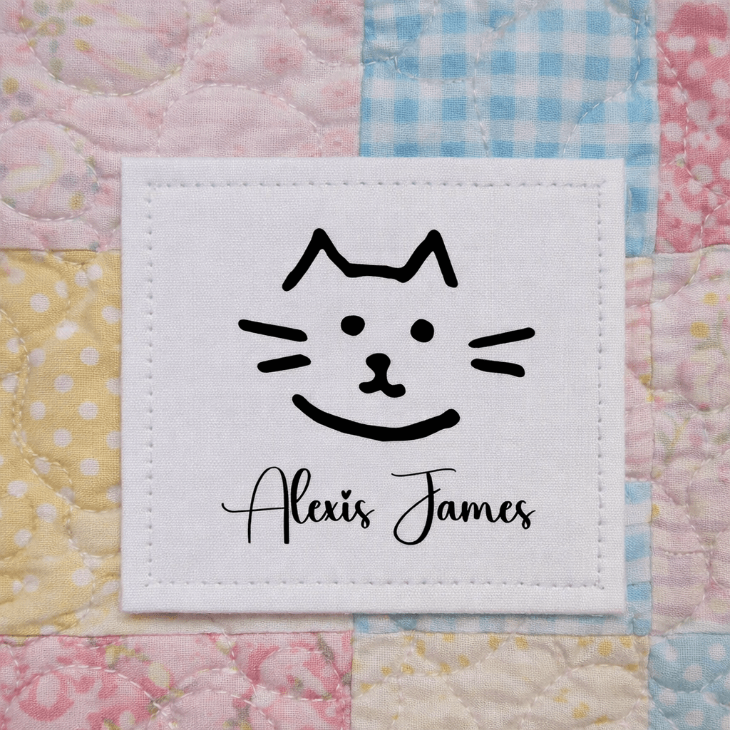Personalized Cat Quilt Labels with Name – Cute Kitty Face Sewing Labels – Custom Quilt Tag 1.5" Square (12 per Sheet) - Jammin Threads