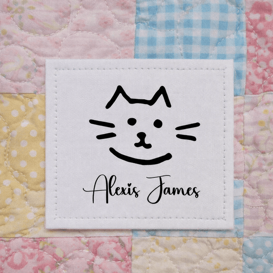 Personalized Cat Quilt Labels with Name – Cute Kitty Face Sewing Labels – Custom Quilt Tag 1.5" Square (12 per Sheet) - Jammin Threads