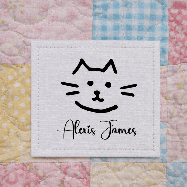 Personalized Cat Quilt Labels with Name – Cute Kitty Face Sewing Labels – Custom Quilt Tag 1.5" Square (12 per Sheet) - Jammin Threads