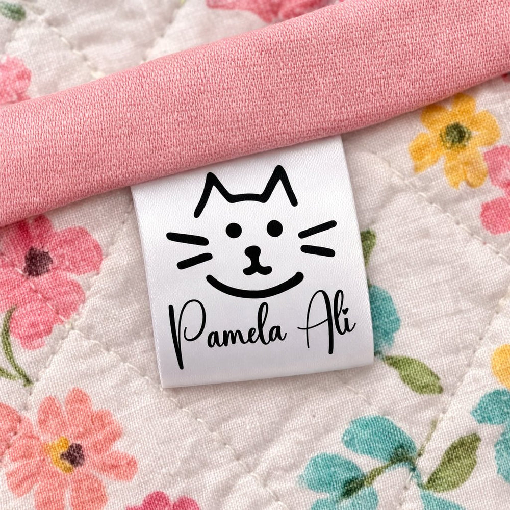 Personalized Cat Satin Quilt Tags – Custom Cat Face Quilt Label – Fold Over Satin Tags – Handmade By Name Labels – Set of 25 - Jammin Threads