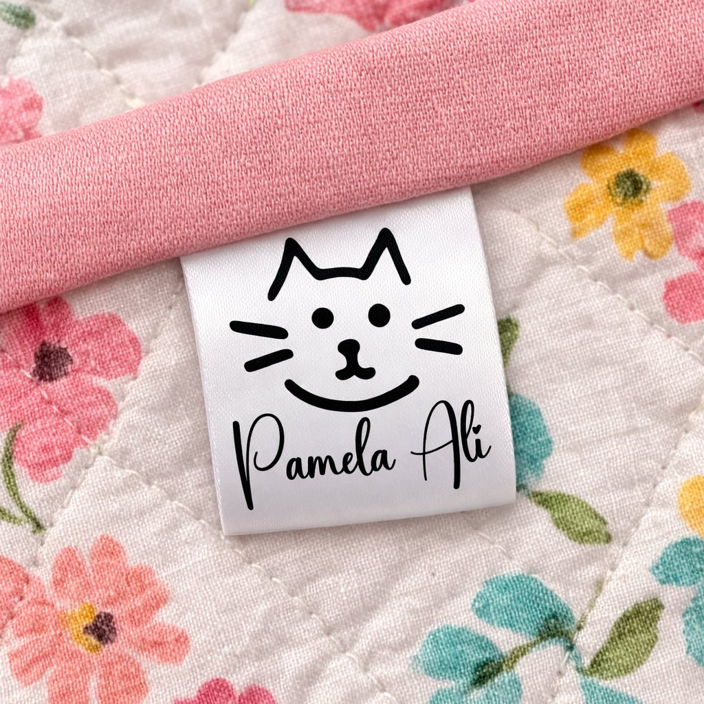 Personalized Cat Satin Quilt Tags – Custom Cat Face Quilt Label – Fold Over Satin Tags – Handmade By Name Labels – Set of 25 - Jammin Threads