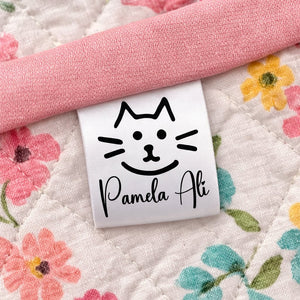 Personalized Cat Satin Quilt Tags – Custom Cat Face Quilt Label – Fold Over Satin Tags – Handmade By Name Labels – Set of 25 - Jammin Threads