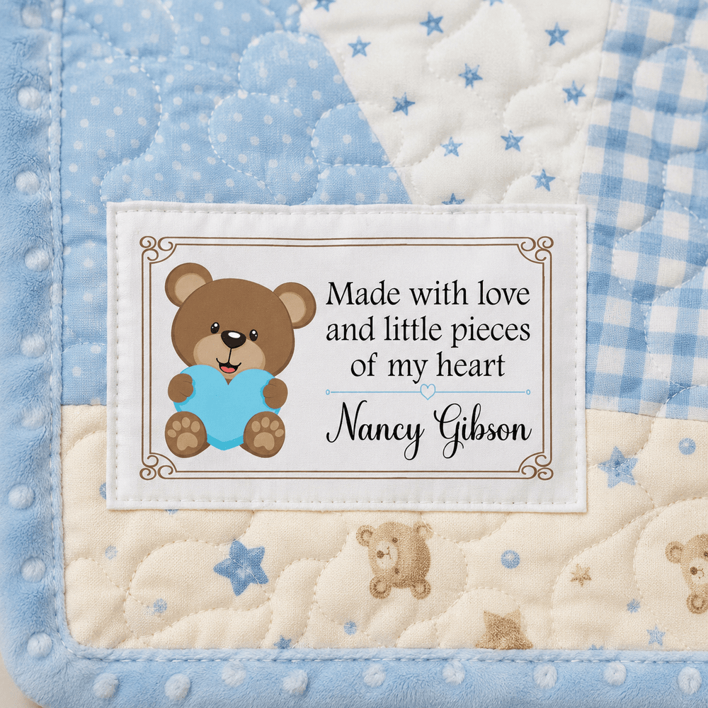 Personalized Child's Quilt Label – Teddy Bear with Blue Heart | Made With Love - Jammin Threads