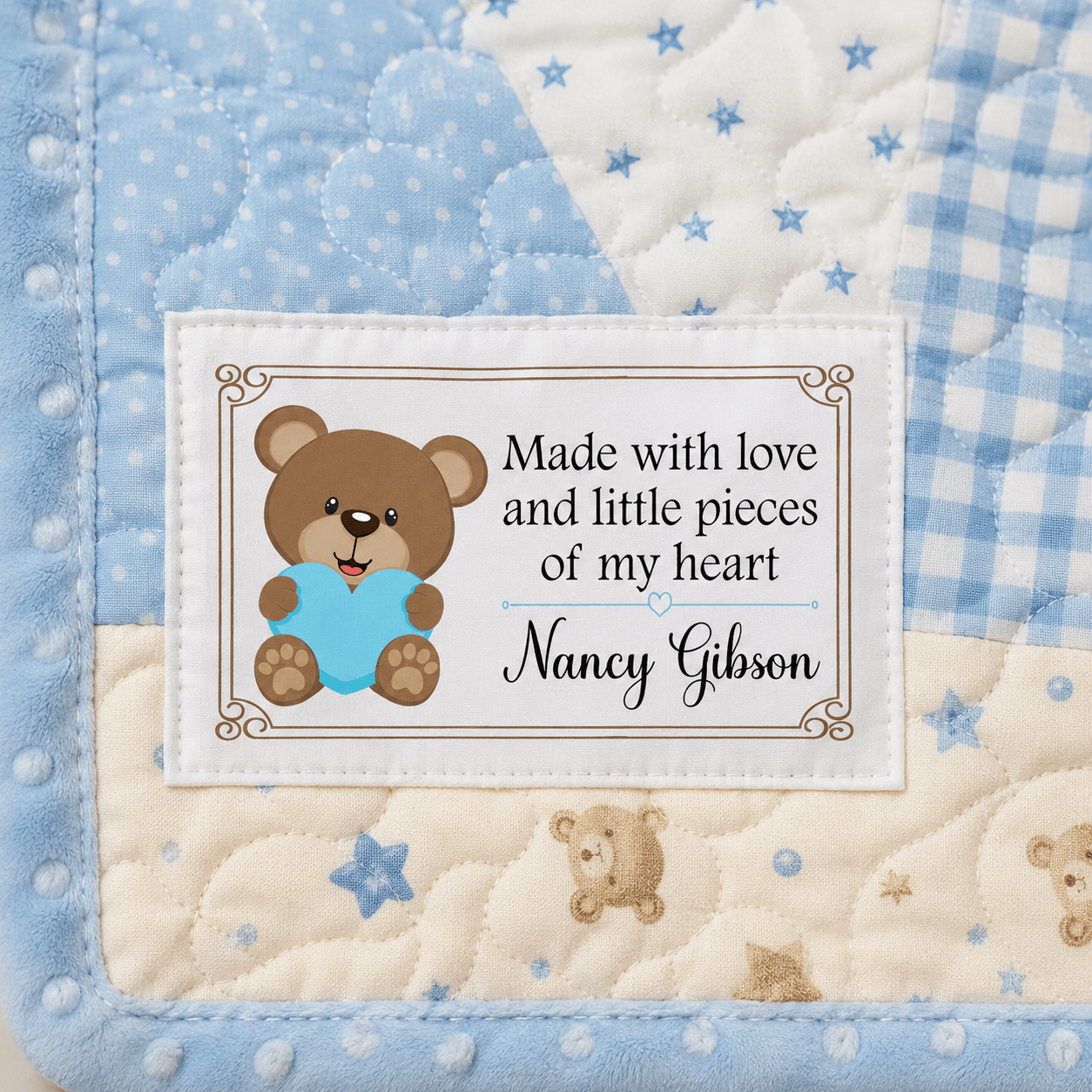 Personalized Child's Quilt Label – Teddy Bear with Blue Heart | Made With Love - Jammin Threads