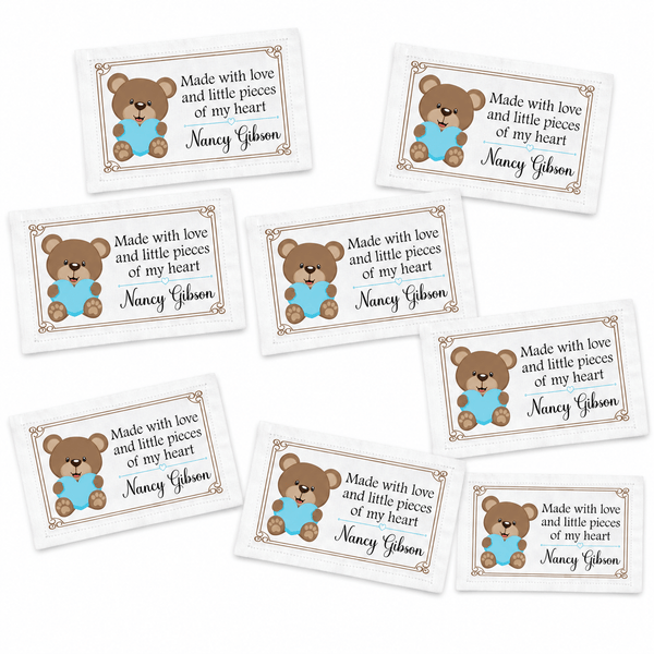 Personalized Child's Quilt Label – Teddy Bear with Blue Heart | Made With Love - Jammin Threads