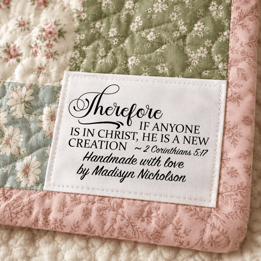 Personalized Christian Quilt Label – 2 Corinthians 5:17 Scripture Quilt Label with Maker Name - Jammin Threads