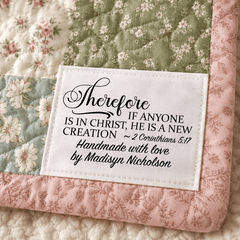 Personalized Christian Quilt Label – 2 Corinthians 5:17 Scripture Quilt Label with Maker Name - Jammin Threads