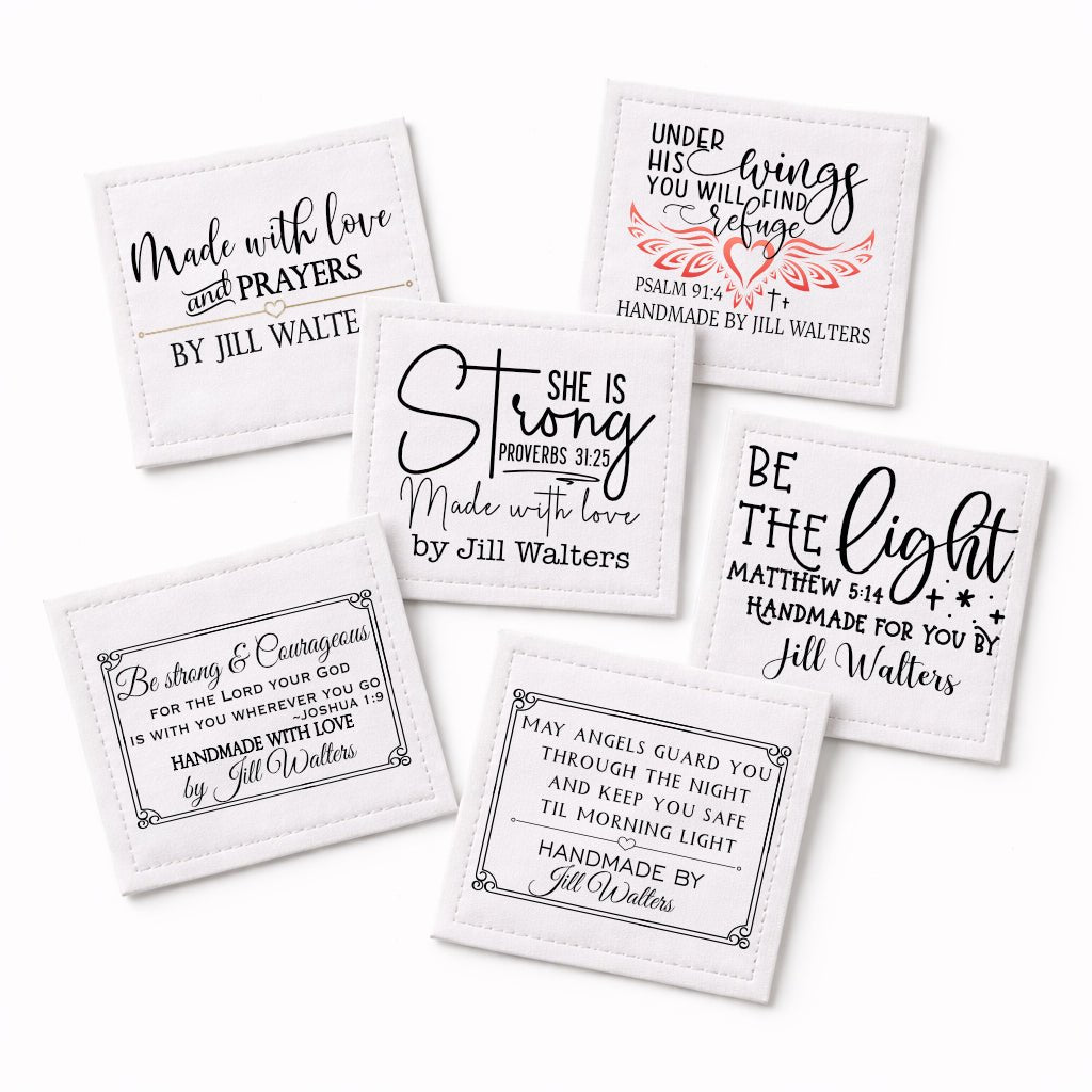 Personalized Christian Quilt Labels – Inspirational Bible Verse Quilt Label Assortment – Custom Fabric Quilt Labels Set of 6 - Jammin Threads