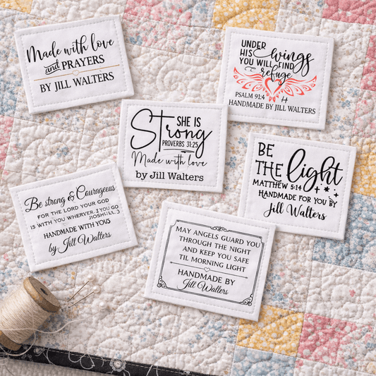 Personalized Christian Quilt Labels – Inspirational Bible Verse Quilt Label Assortment – Custom Fabric Quilt Labels Set of 6 - Jammin Threads