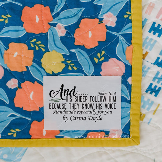 Personalized Christian Quilt Labels – “They Know His Voice” John 10:4 | Cotton or Polyester - Jammin Threads
