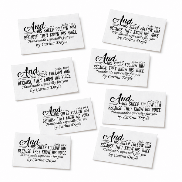 Personalized Christian Quilt Labels – “They Know His Voice” John 10:4 | Cotton or Polyester - Jammin Threads