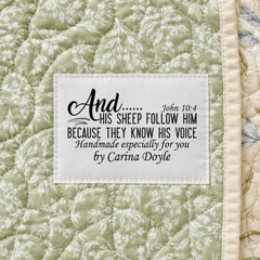Personalized Christian Quilt Labels – “They Know His Voice” John 10:4 | Cotton or Polyester - Jammin Threads