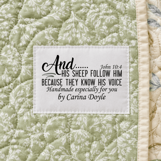 Personalized Christian Quilt Labels – “They Know His Voice” John 10:4 | Cotton or Polyester - Jammin Threads