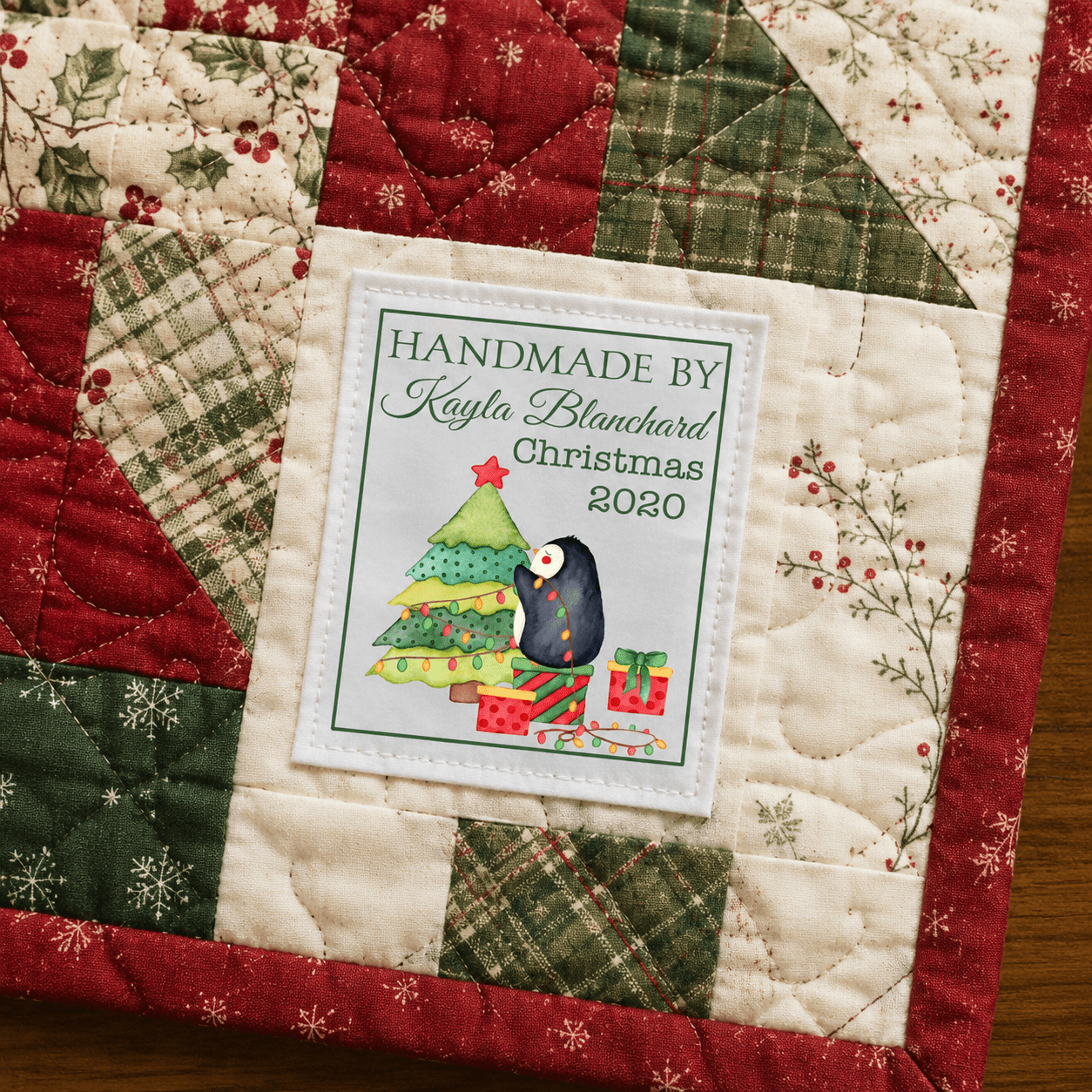 Personalized Christmas Penguin Quilt Label – Custom Handmade By Label with Year - Jammin Threads