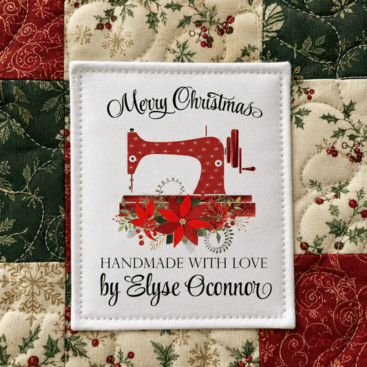 Personalized Christmas Quilt Label | Red Sewing Machine Poinsettia Custom Quilt Tag - Jammin Threads