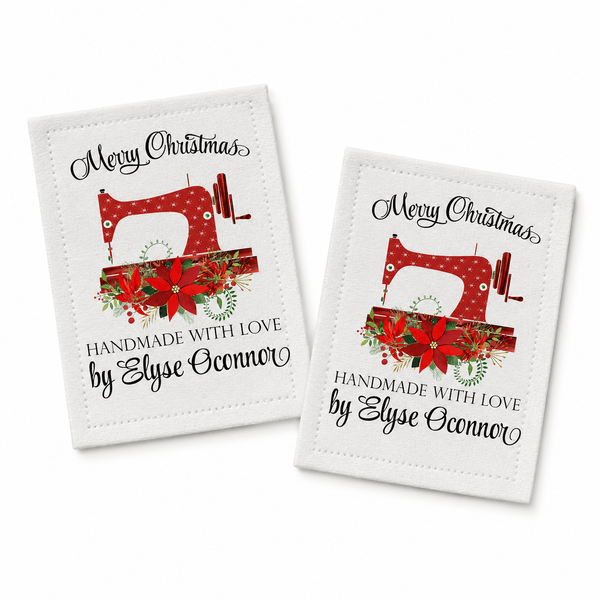 Personalized Christmas Quilt Label | Red Sewing Machine Poinsettia Custom Quilt Tag - Jammin Threads