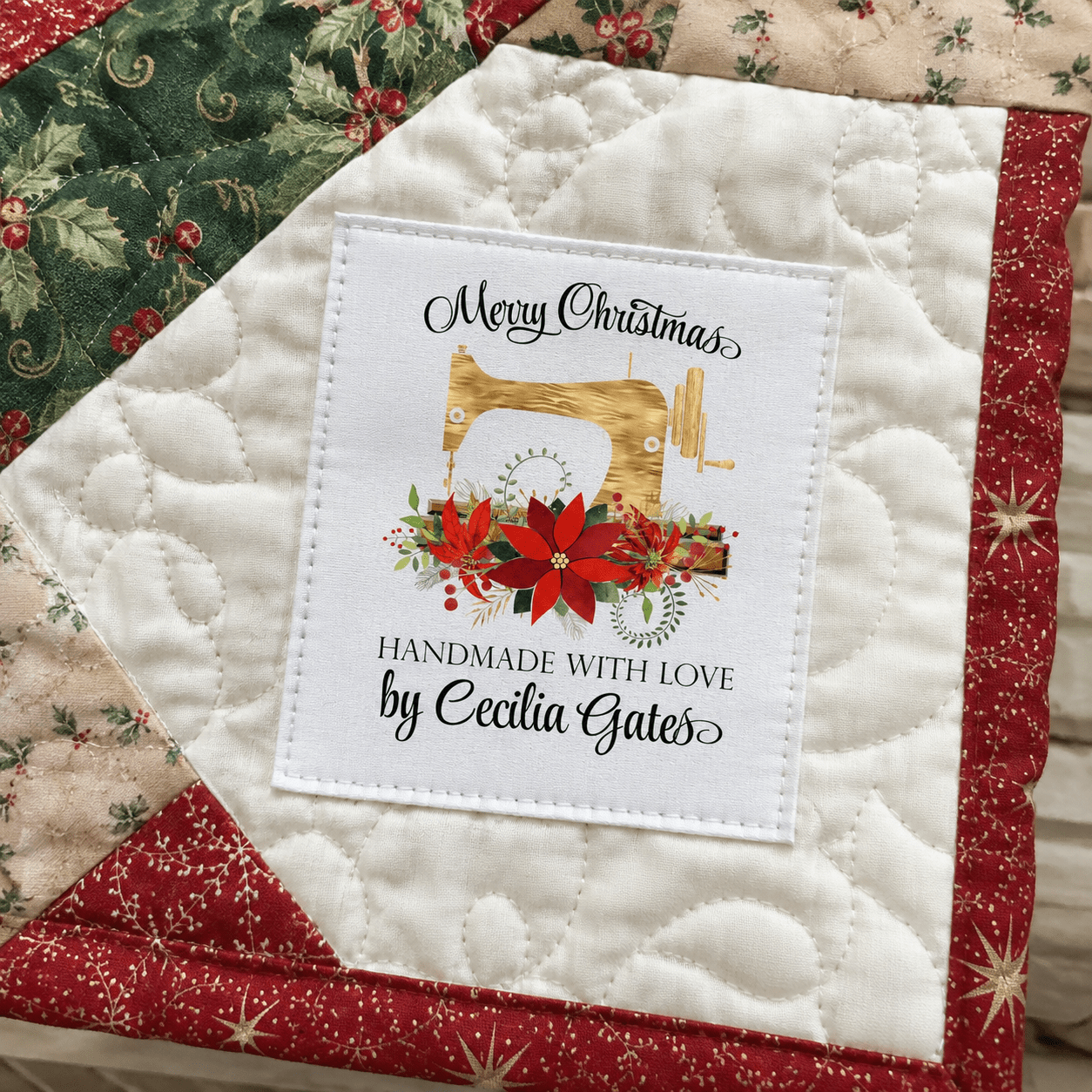 Personalized Christmas Quilt Labels – Gold Sewing Machine & Poinsettia Floral Swag - Jammin Threads