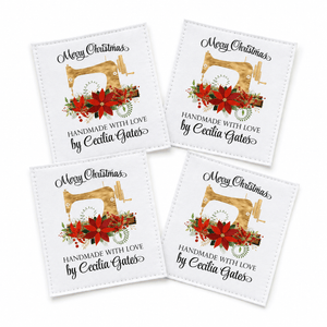 Personalized Christmas Quilt Labels – Gold Sewing Machine & Poinsettia Floral Swag - Jammin Threads