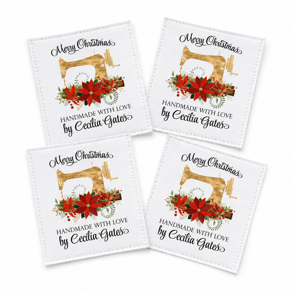Personalized Christmas Quilt Labels – Gold Sewing Machine & Poinsettia Floral Swag - Jammin Threads