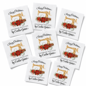 Personalized Christmas Quilt Labels – Gold Sewing Machine & Poinsettia Floral Swag - Jammin Threads