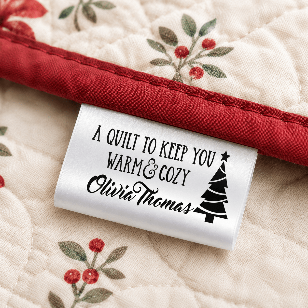 Personalized Christmas Satin Quilt Tags | “A Quilt to Keep You Warm & Cozy” Fold-Over Quilt Labels - Jammin Threads