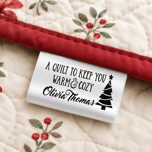 Personalized Christmas Satin Quilt Tags | “A Quilt to Keep You Warm & Cozy” Fold-Over Quilt Labels - Jammin Threads