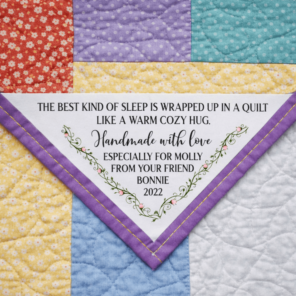 Personalized Corner Quilt Label – Cozy Hug Quilt Label – Custom Name Quilt Tag – 5x5" Triangle Quilt Label for Quilts - Jammin Threads