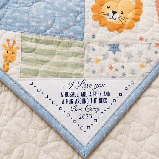 Personalized Corner Quilt Label – I Love You a Bushel and a Peck Custom Quilt Tag - Jammin Threads