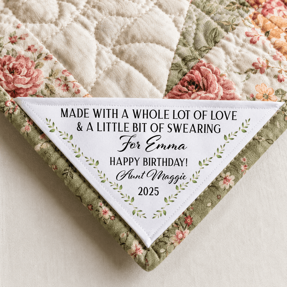Personalized Corner Quilt Label – Made with Love and Swearing Custom Quilt Tag - Jammin Threads