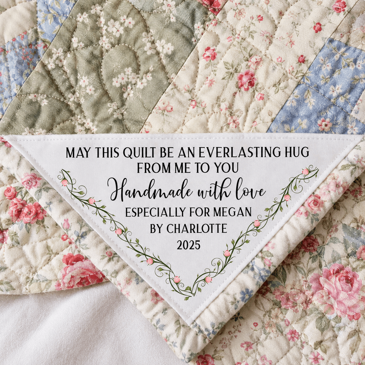 Personalized Corner Quilt Label – “May This Quilt Be an Everlasting Hug” – Custom Quilt Label with Name, Maker & Year - Jammin Threads