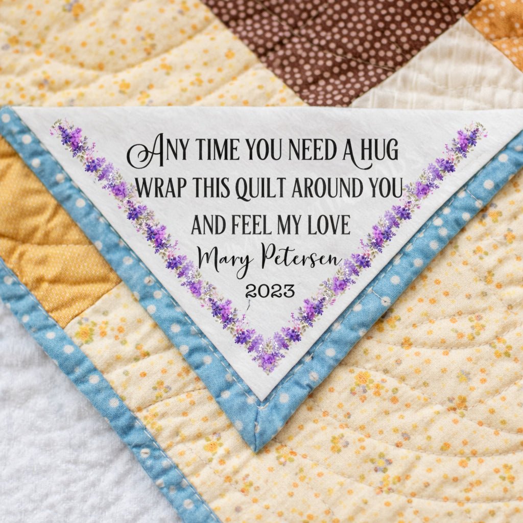 Personalized Corner Quilt Label with Purple Floral Border – “Anytime You Need a Hug” Quilt Label, Custom Quilt Corner Tag - Jammin Threads