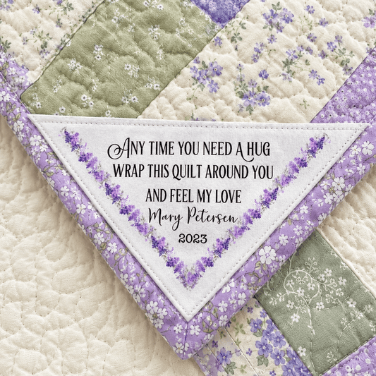 Personalized Corner Quilt Label with Purple Floral Border – “Anytime You Need a Hug” Quilt Label, Custom Quilt Corner Tag - Jammin Threads