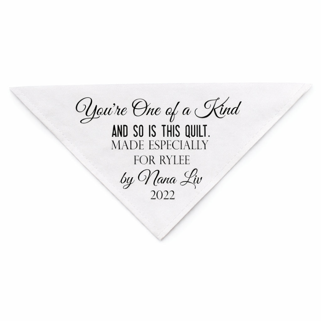 Personalized Corner Quilt Label – “You’re One of a Kind and So Is This Quilt” – Custom Triangle Quilt Label with Recipient Name, Maker Name & Year - Jammin Threads